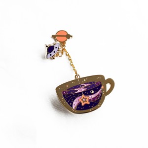 stars tea cup pins with UFO charm hard enamel personalized chain pin set